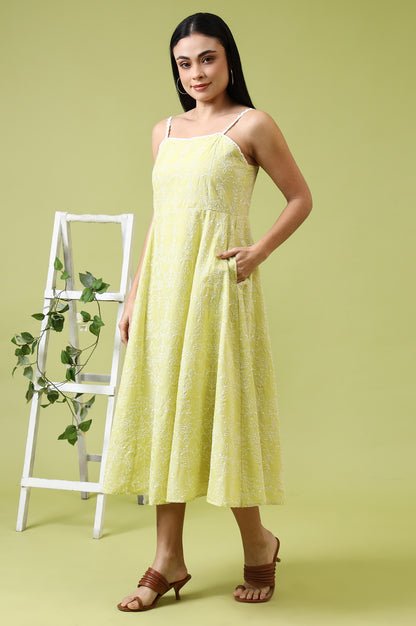 Lime Green Schiffli Embroidered Pure Cotton Flared Spaghetti Dress - Image 3