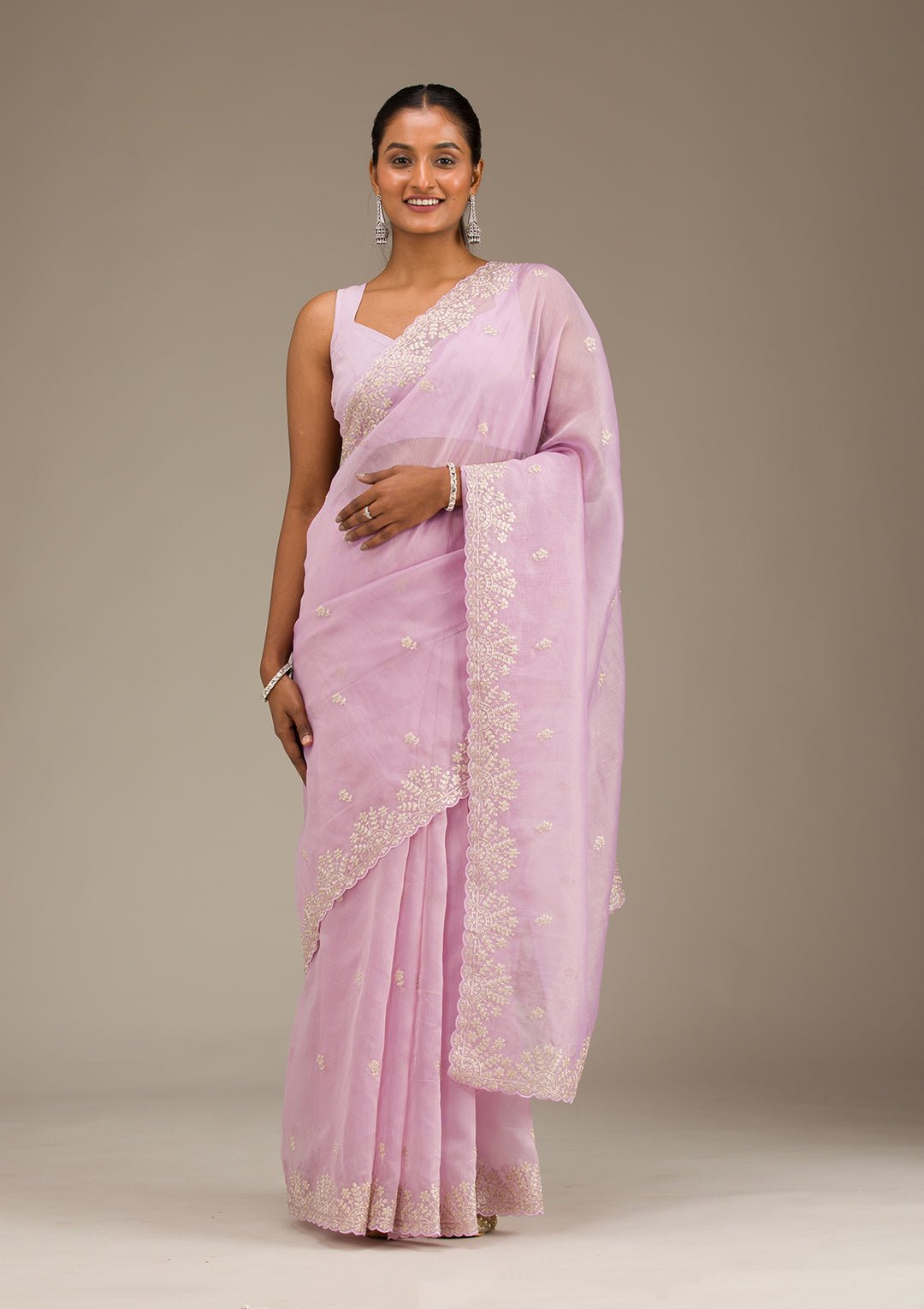 Lavender Threadwork Tissue Saree - Image 4