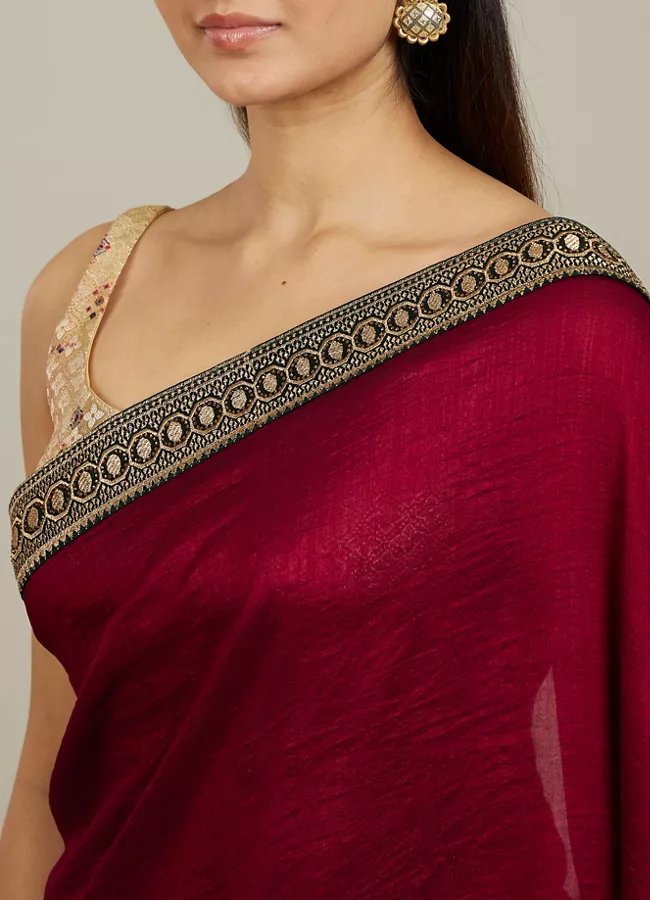 Rose Red Embroidered Border Saree - Image 7