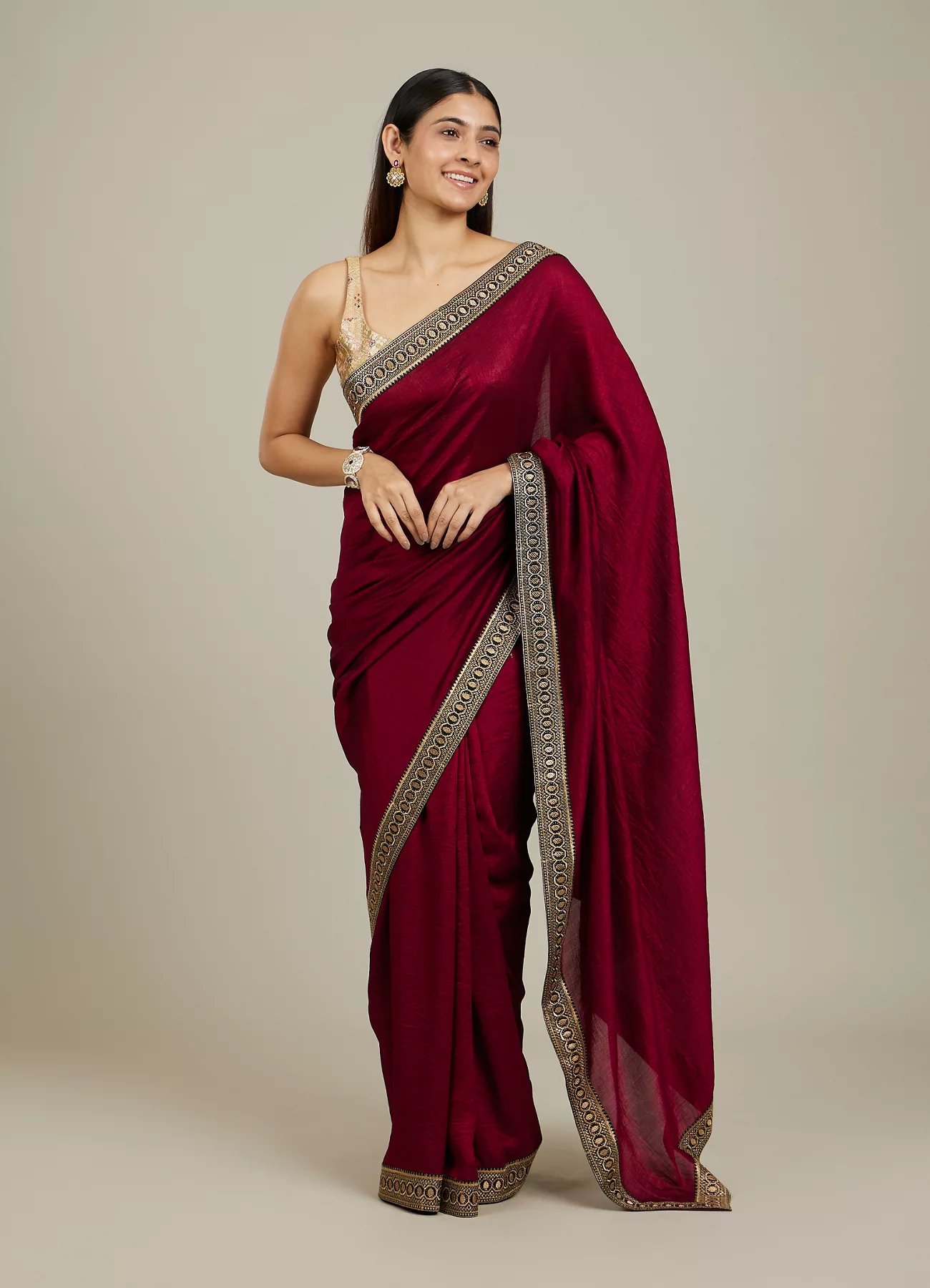 Rose Red Embroidered Border Saree - Image 6