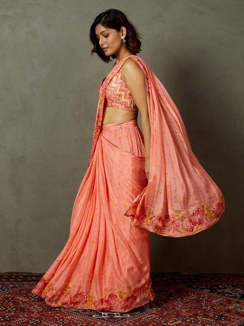 Coral Blue Rose Pre-Draped Saree - Image 2