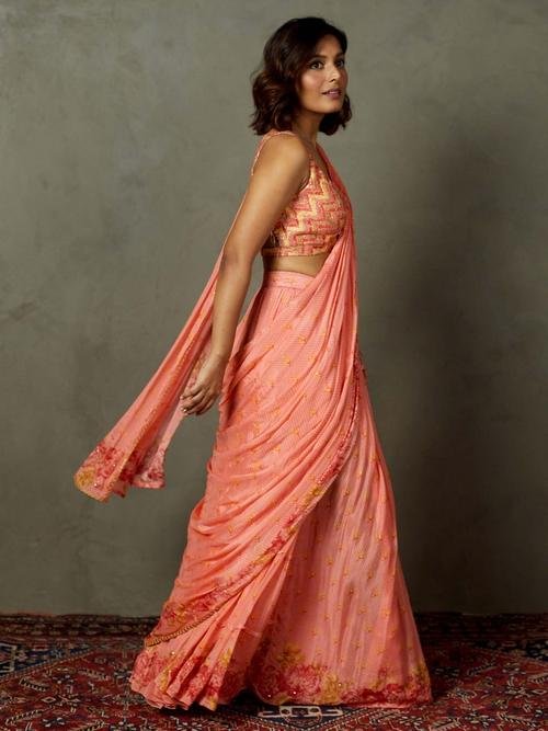 Coral Blue Rose Pre-Draped Saree - Image 3