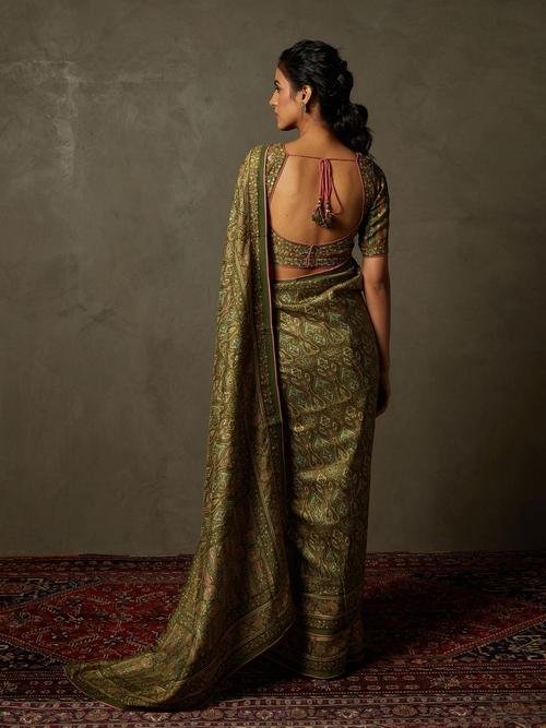 Olive & Beige Shereen Saree With Unstitched Blouse - Image 3